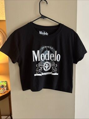 ModelCo Black Crop Tee with White Logo Graphic